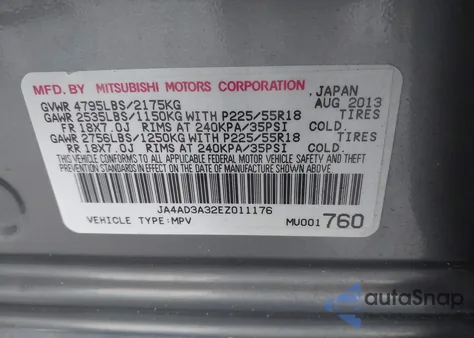 2014 Mitsubishi Outlander Se from USA, damaged, VIN JA4AD3A32EZ011176